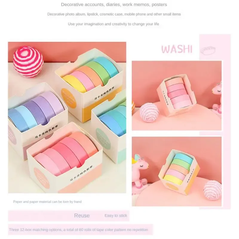 5rolls/Set Basic Solid Color Washi Tape Rainbow Masking Tape Diary Scrapbook Decorative Adhesive Tape Sticker Gift Stationery