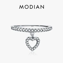 MODIAN 925 Sterling Silver Vintage Trendy Heart Swing Pendant Rings Exquisite Zirconia Finger Rings For Women Party Fine Jewelry
