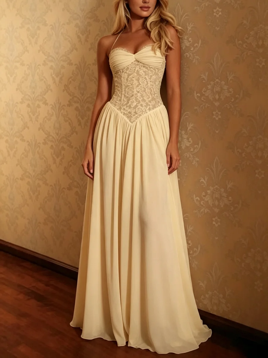 TWOTWINSTYLE Solid Elegant Maxi Dresses for Women Halter Sleeveless Lace Bodice Long Skirt for Wedding Guest Luxury Party Style