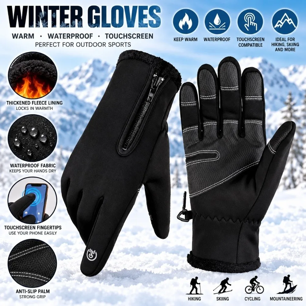 Waterproof Men's Black Winter Gloves with Zipper Touch Screen Thermal Cycling Gloves Windproof Elastic Cuff Winter Sports Gloves