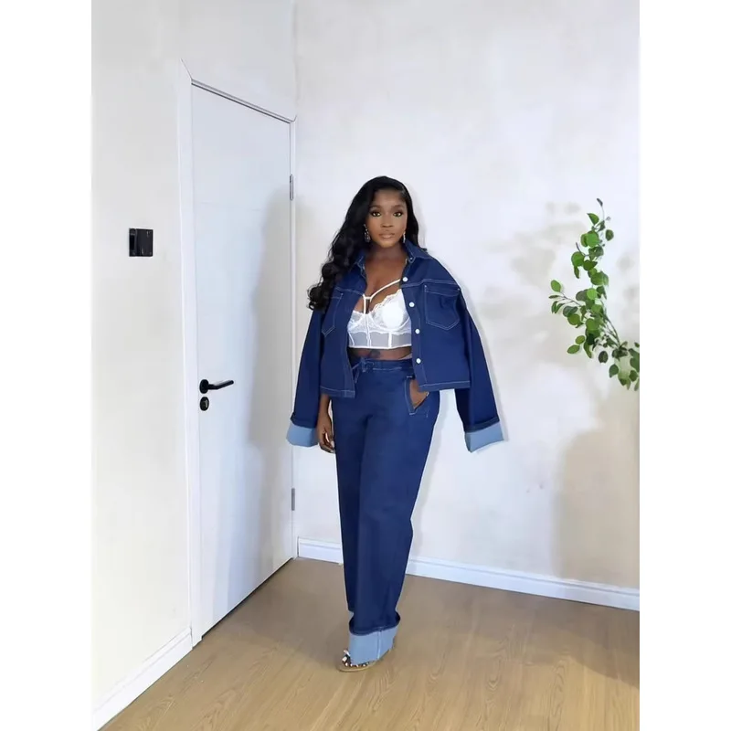 Spring and Autumn new denim outfit, fashionable retro and cool temperament, jacket, long pants two-piece set for women