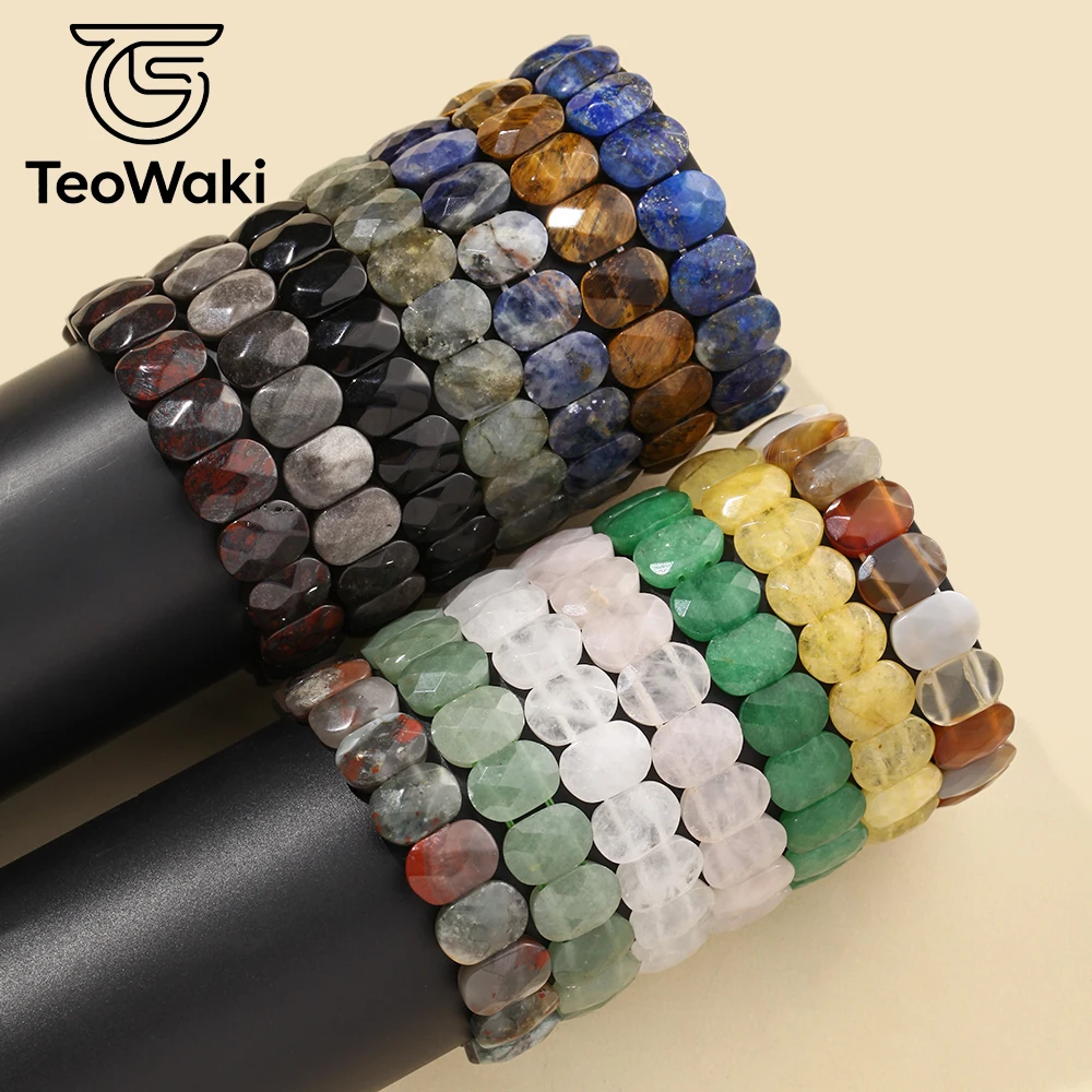 TeoWaki Natural Stone Bracelet Women Men 11x15mm Faceted Oval Flat Beads Stretch Bracelet Jewelry Gift for Birthday Christmas