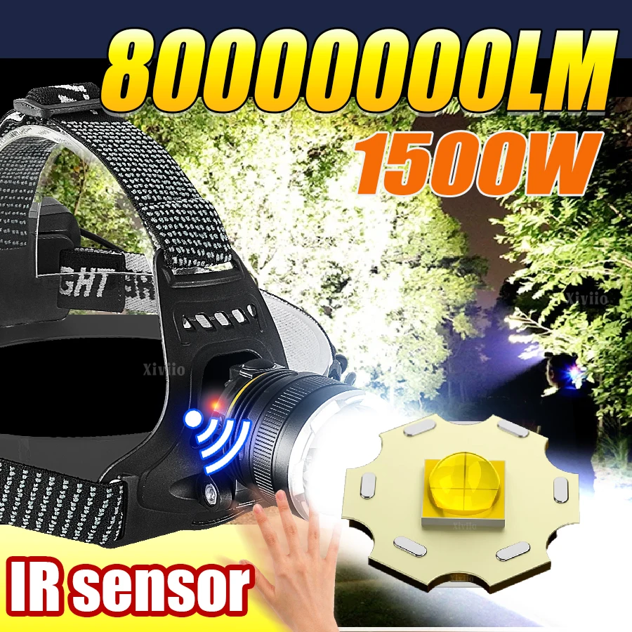 

80000000LM Высокая мощность 1500 Вт Светодиодный налобный фонарь 18650 Перезаряжаемый налобный фонарь дальнего действия 7800 м ИК-датчик Налобный фонарь для кемпинга