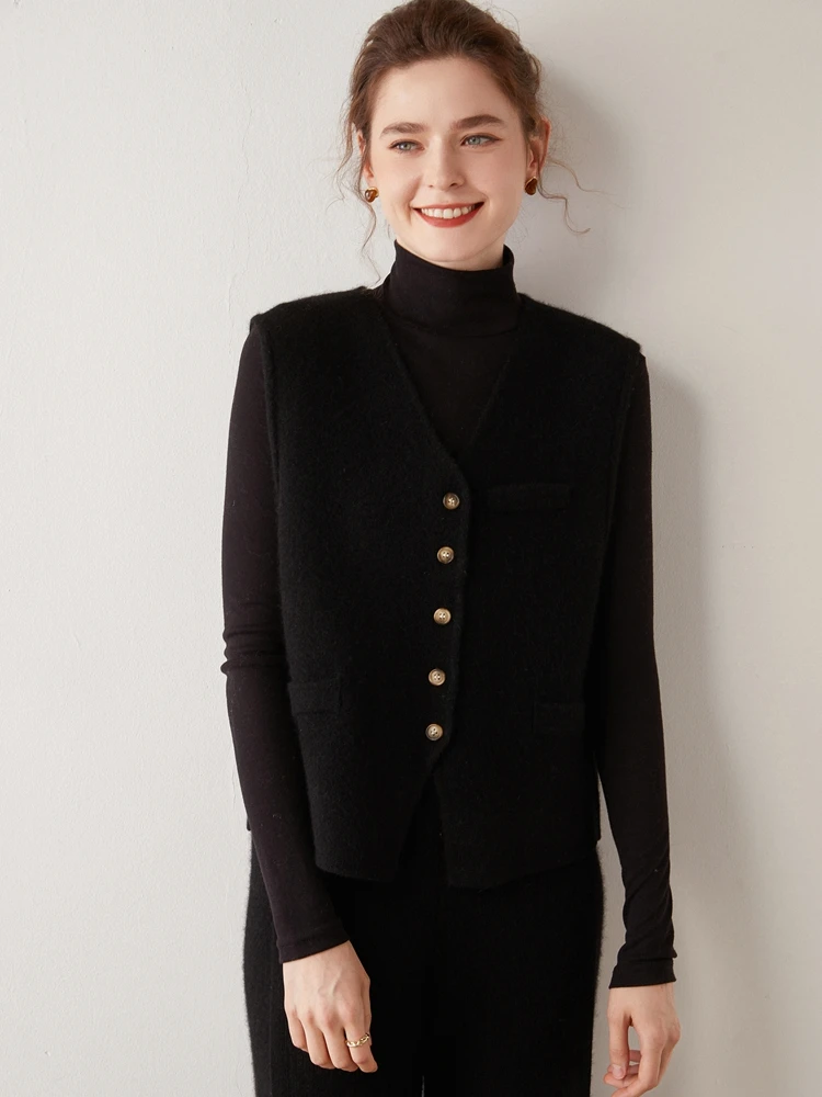 المرأة الخامس الرقبة الكشمير سترة الخريف الشتاء مكتب سيدة بسيطة أكمام سترة سترة 100% الكشمير متماسكة البلوز صدرية