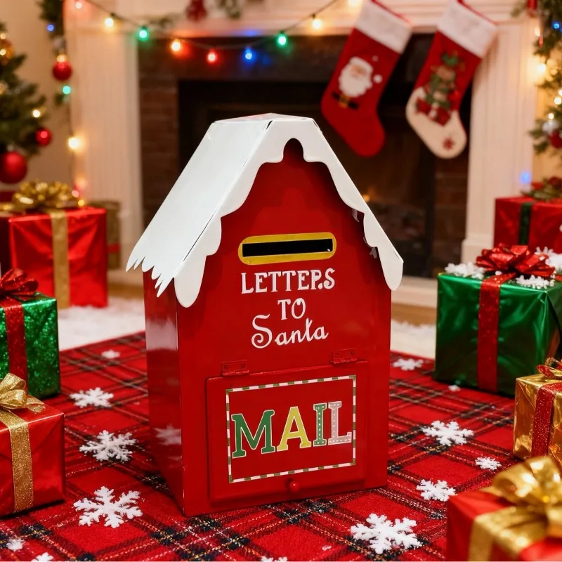 Letters To Santa Iron Mail Box Tabletop Ornament, Vintage Xmas Hut Mailbox with Snow Roof for Holiday Home Mantel Decoration