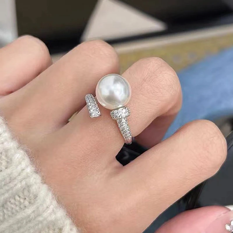 Genuine White Grey Pearl Open Ring for Women Wedding Zircon 925 Sterling Silver Rings Fine Jewelry Girl Birthday Gift