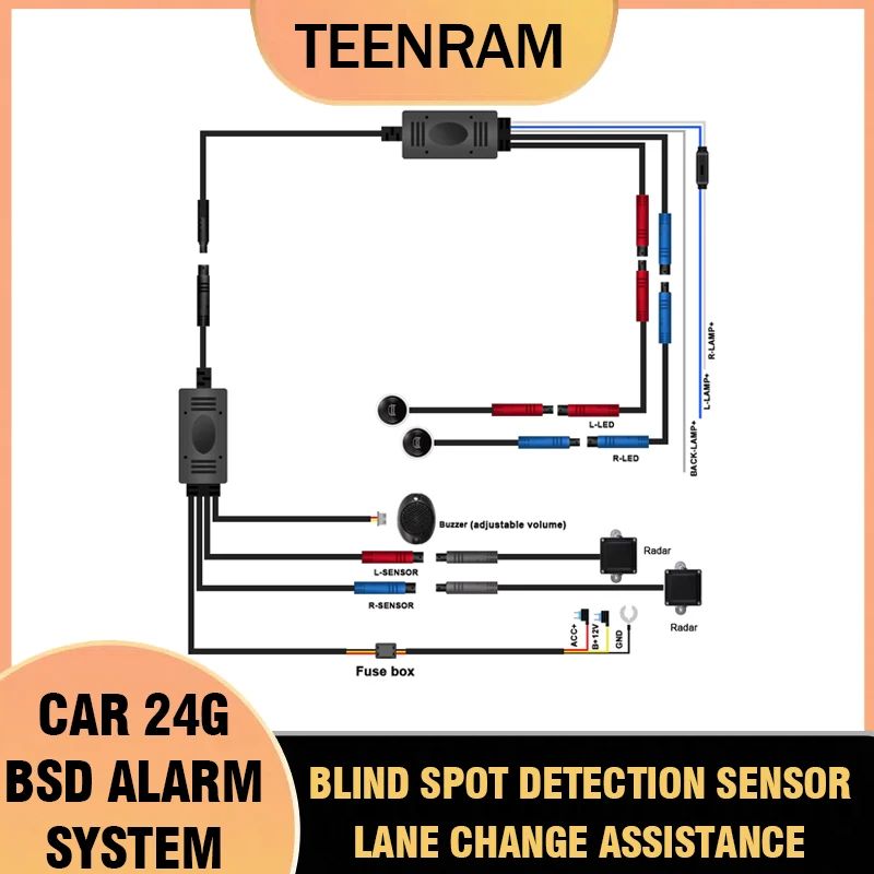 With Parking Delay Warning Function,Car 24G BSD Alarm System, Dual Color LED Blind Spot Detection Sensor Lane Change Assistance