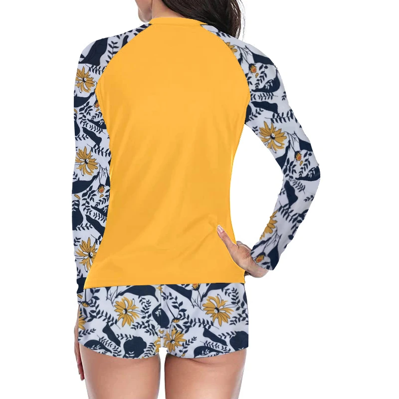 Women Two Pieces Vintage Print Rash Guard Swimwear Long Sleeve Shirt Shorts Surf Top Retro Print Running Shirt Split Swimsuit