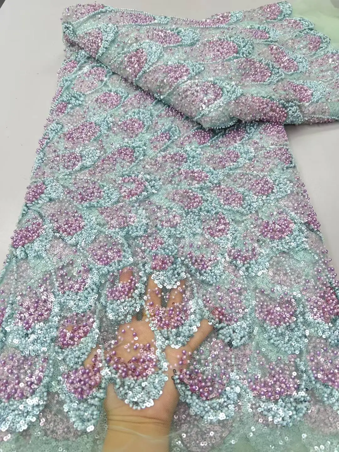 

2025 High Quality Beaded Lace Fabrics for Wedding Fabric Material Bridal Lace with Sequins Luxury African Lace Fabric 5 Yards