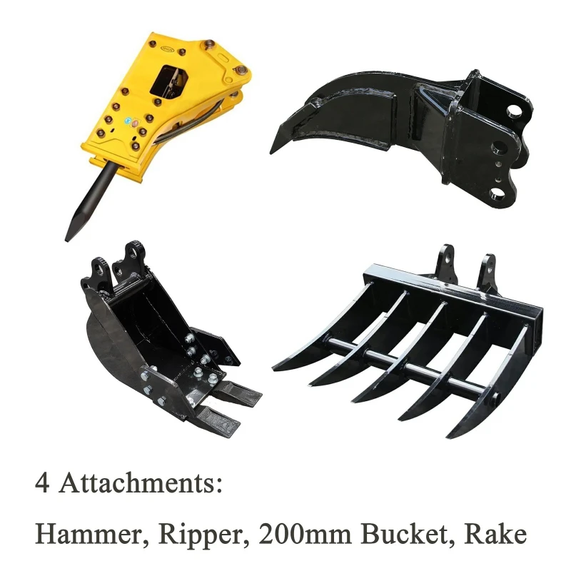 Mini Excavator 4-in-1 Attachment Set, Hydraulic Hammer, Ripper, 200mm Bucket & Rake, Multifunctional Excavator Accessories
