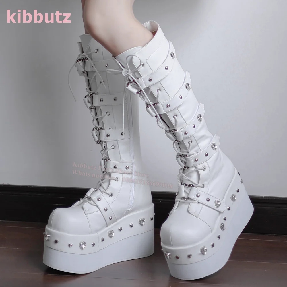 Diamond Knee High Boot Platform Glossy Genuine Leather Round Toe Belt Buckle Lack-Up Solid White Fashion Subculture Y2k Hot Girl