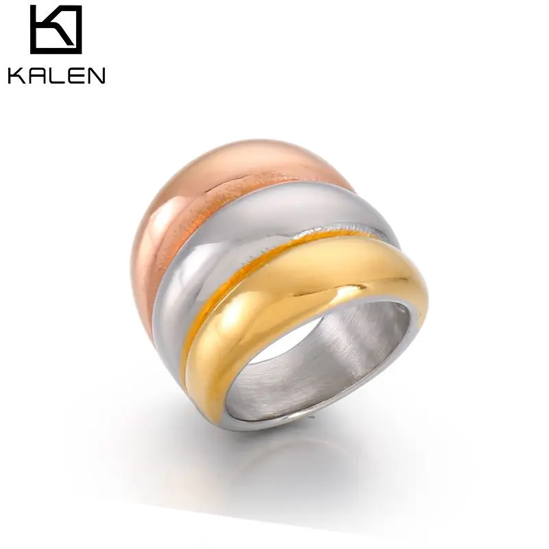 Kalen Stainless Steel 3 Color Rings Women Fashion Jewelry Golden Silver color Rose Golden Unique Cocktail Party Ring