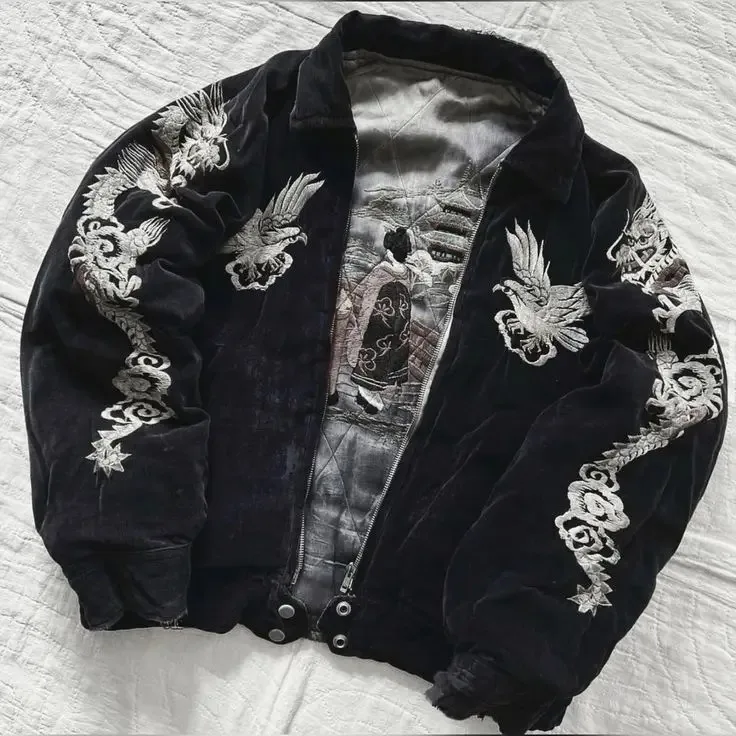 High Quality Hip Hop Jacket Japan Harajuku Style Gothic Dragon Pattern Bomber Jackets Embroidered Y2K Zipper Fleece Lined Coat