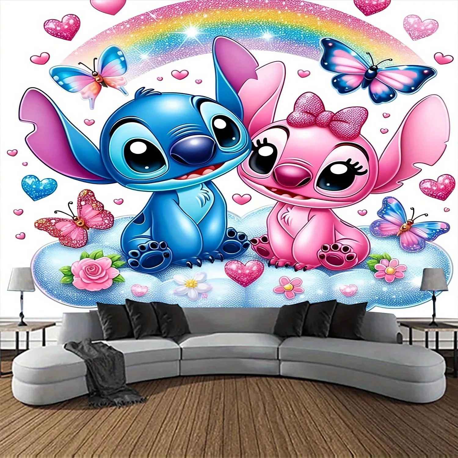 Lindo tapiz para colgar en la pared Stitch y Girl Stitch con arcoíris, corazones y mariposas. tela de fondo de decoración de habitación