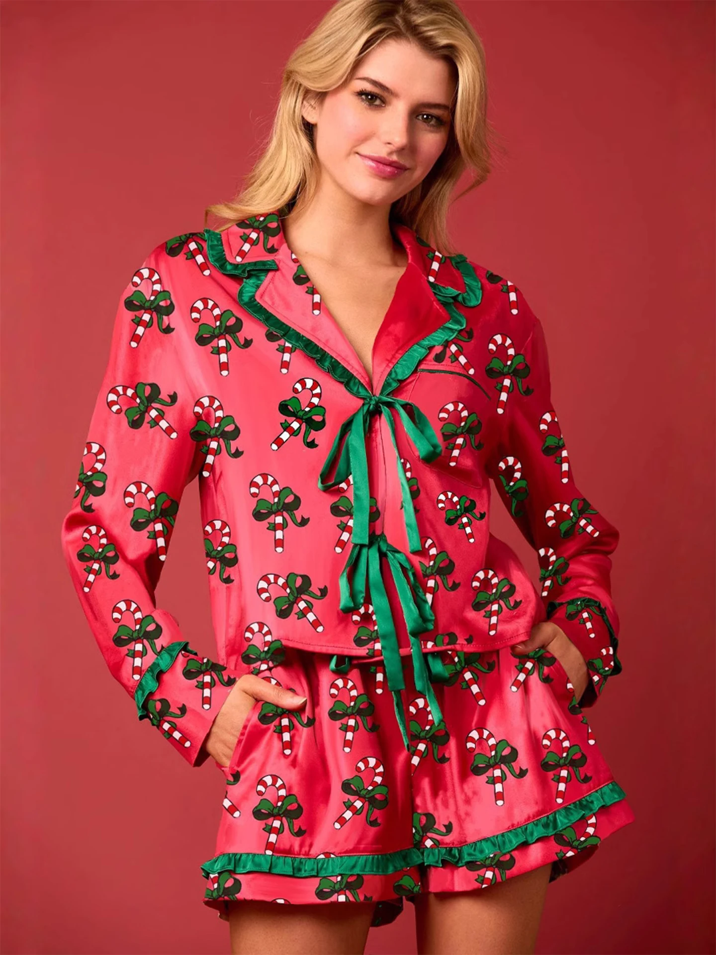 

New Women Pajamas For Christmas Ribbon Bow Multi Patterns Pajama Set Long Sleeve Top Shorts Loose Xmas Sleepwear Lounge 511902
