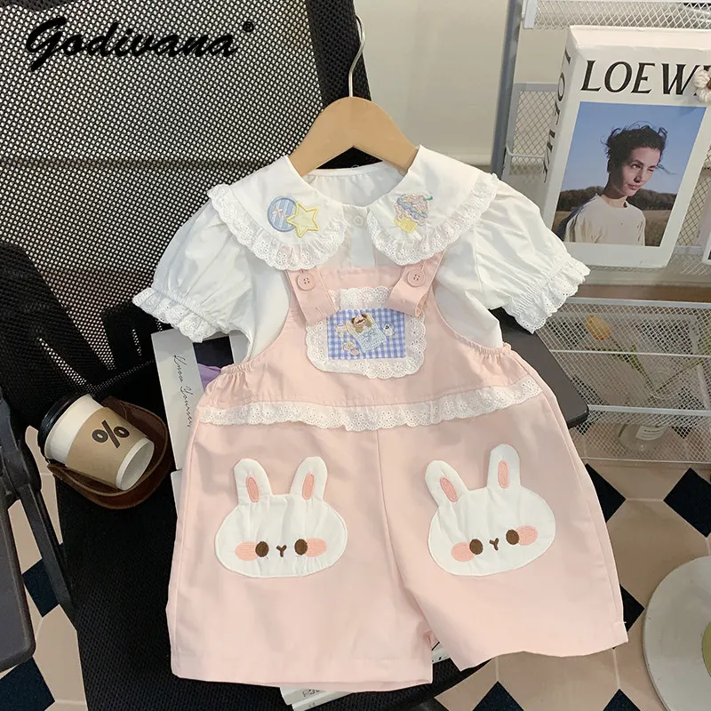 Sweet Baby Girls Summer 2026 New Fashion 2pcs Set Kids Puff Sleeve Doll Collar Embroidery Blouse and Cartoon Rabbit Overalls