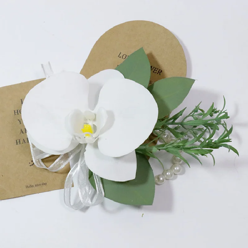 Boutonniere y Corsag de muñeca, suministros de boda, banquete, invitados, flores simuladas, novia y novia, orquídea Phalaenopsis blanca, 451