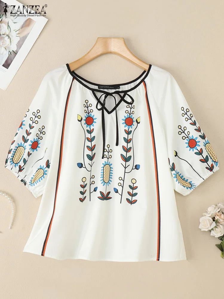 ZANZEA Vintage Blouse femmes été à manches courtes impression florale chemises 2025 mode pansement col en v décontracté élégant hauts bohème