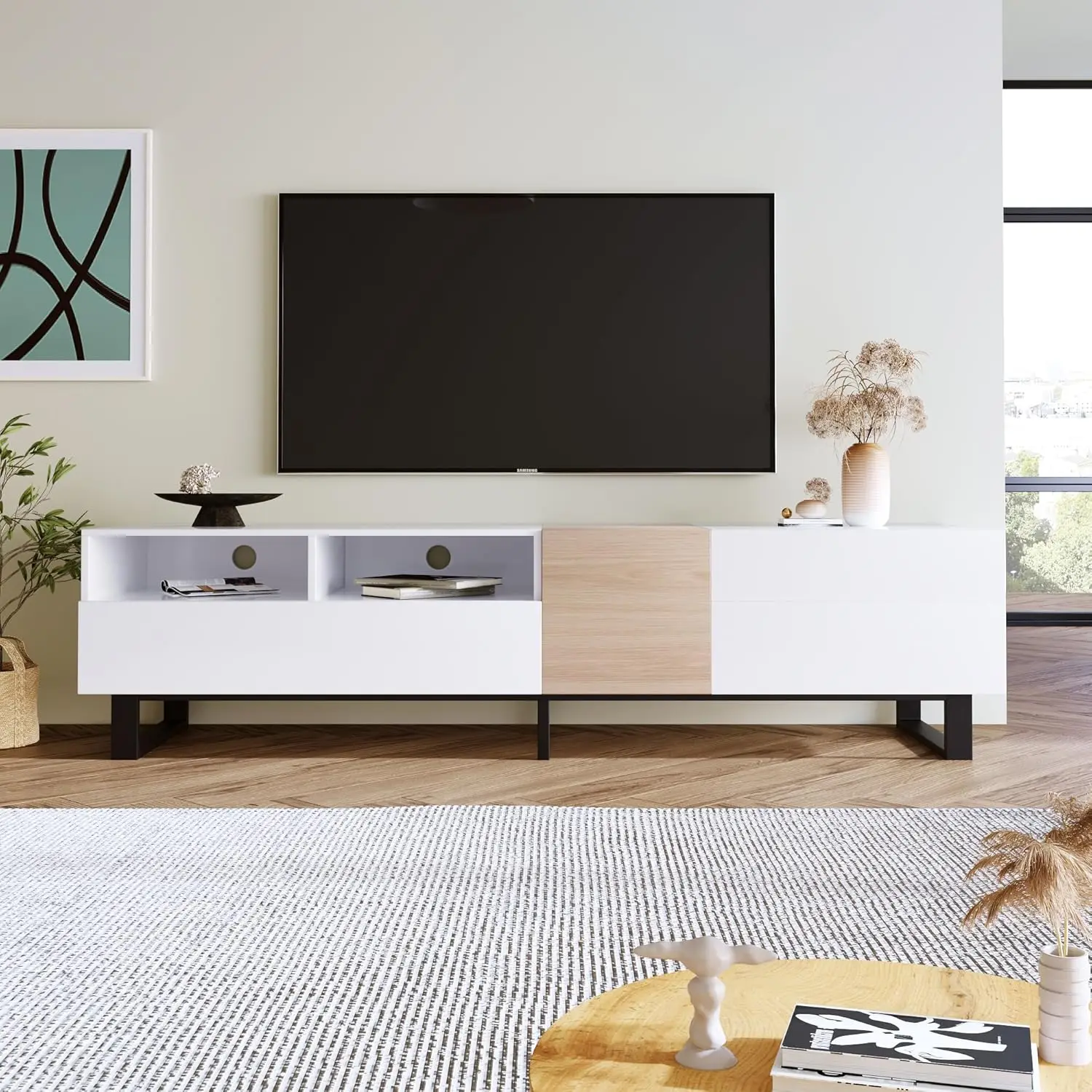 Modern TV Stand with 3 Cabinets & Open Shelves, Minimalist Wooden Entertainment Center for TVs Up to 80” (White)