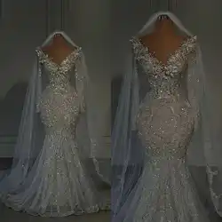 Glitter V Neck Wedding Dresses Crystal Bridal Gowns Sequins Beading Sweep Train Long Sleeve Customized Bride Dress