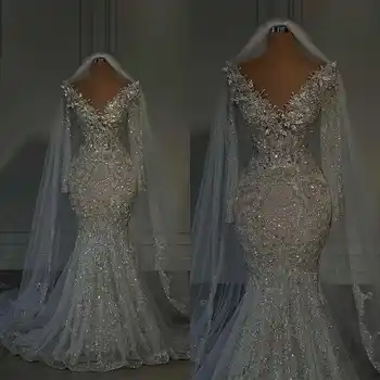 Glitzer V-Ausschnitt Brautkleider Kristall Brautkleider Pailletten Perlen Sweep Zug Langarm maßge schneiderte Braut Kleid