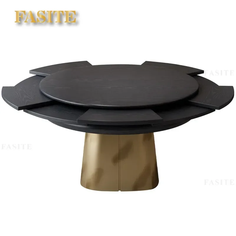 For Round Dining Table Telescopic Expansion Solid Wood Red Oak Rotating Extendable Deformation Furniture Black Modern Home