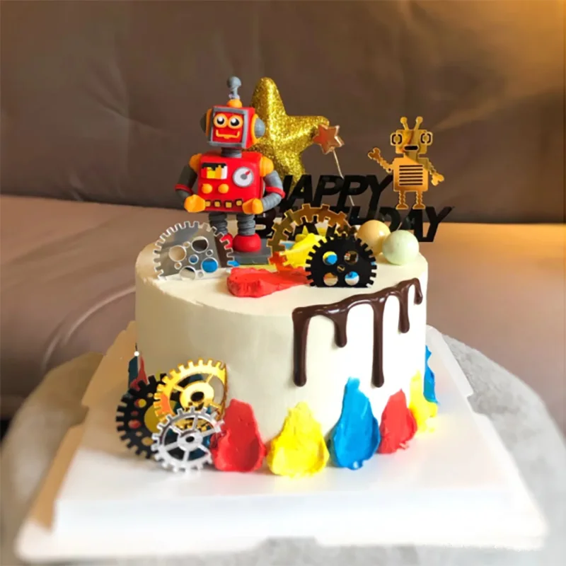 Robot Cake Topper DIY Robots Ornament Gear Happy Birthday Cake Decaration for Boy Kids Birthday Party Cake Dessert Cupcake Decor