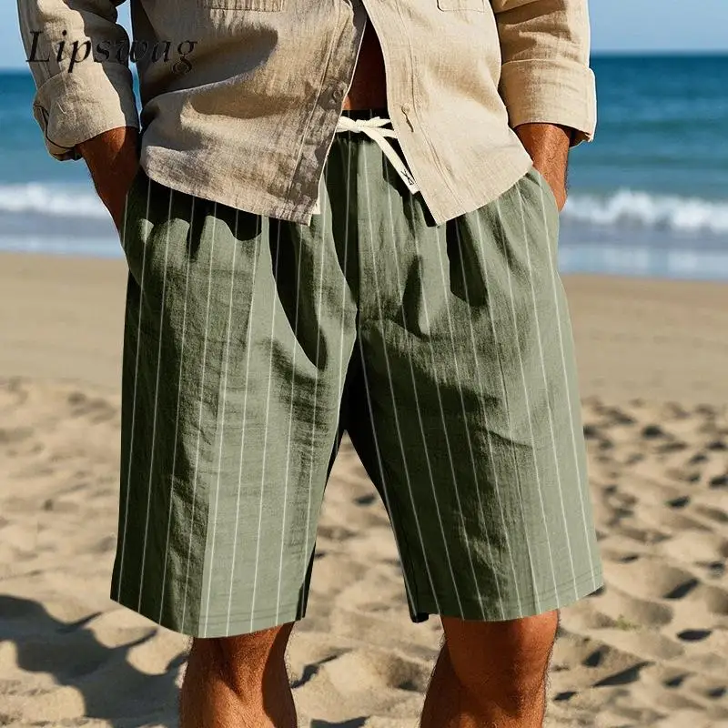 

Стильные полосатые шорты на шнуровке, мужские летние повседневные дышащие свободные льняные шорты для отдыха, мужские пляжные шорты на берегу моря