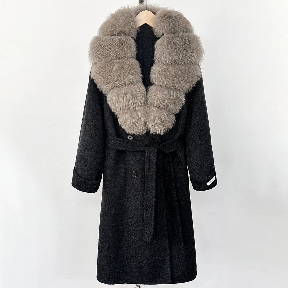 Réalité manteau de fourrure femmes automne naturel réel col de fourrure de renard veste ceinture vêtements d'extérieur amples vêtements d'extérieur décontracté Streetwear manteau de laine