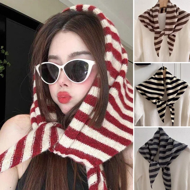 Autumn And Winter Warm Knitted Striped Headscarf Women's Neck Protection Triangle Scarf