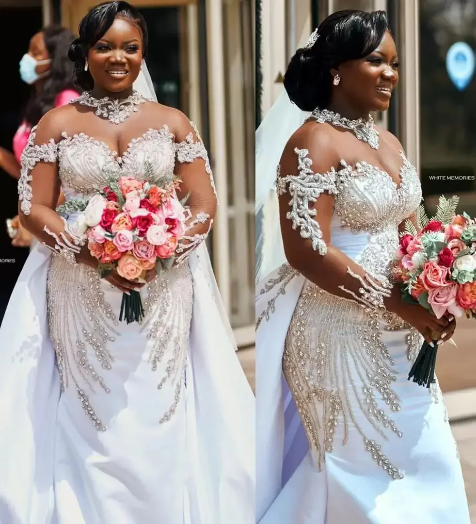 

Customized Plus Size Arabic Luxurious Mermaid Sparkly Wedding Dress with detachable High Neck Long Sleeves Bridal