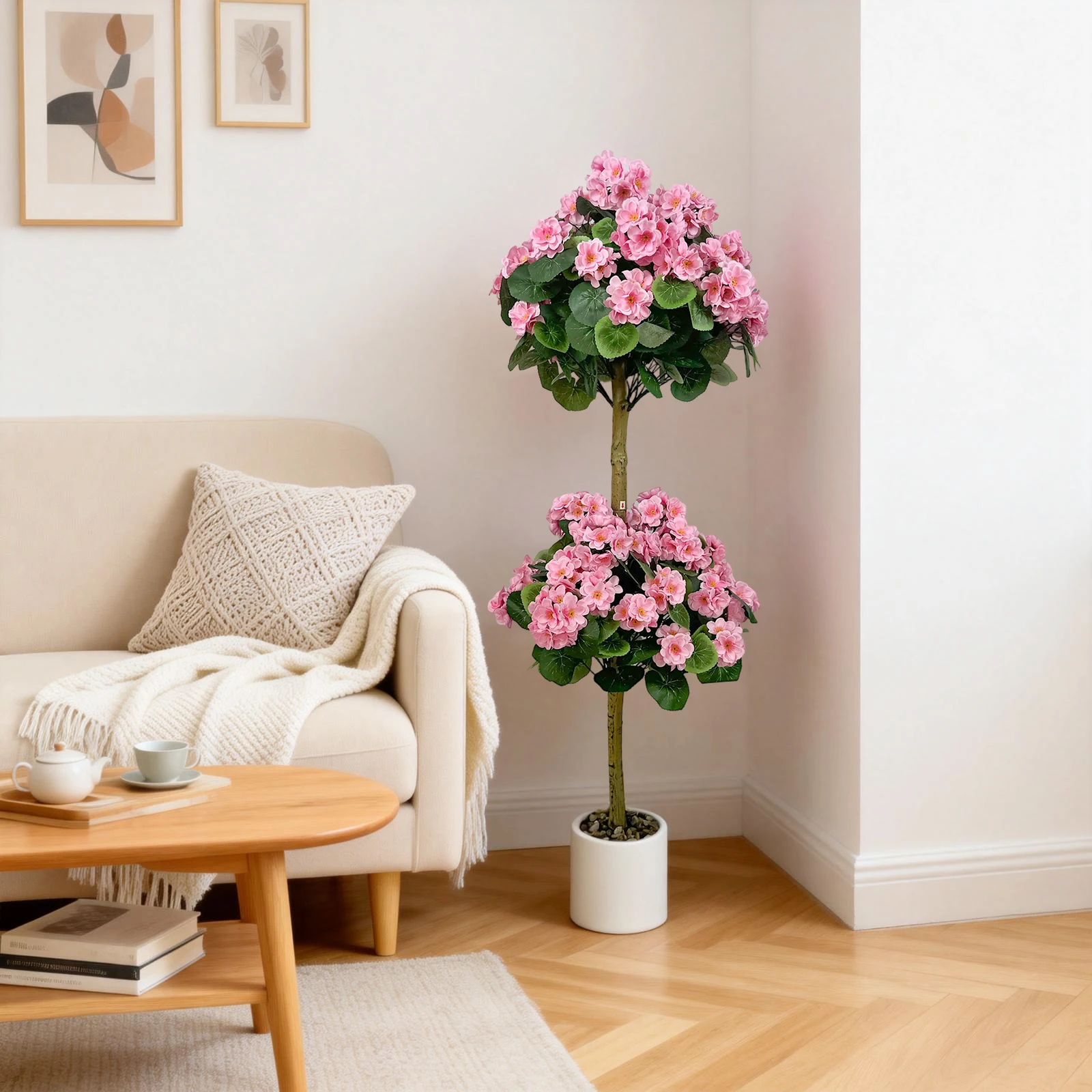 120cm Lebensechter Künstlicher Geranien-Doppelkugel-Topiary-Baum, Künstliche Topfpflanze mit Blüten für Innen- und Außendekoration