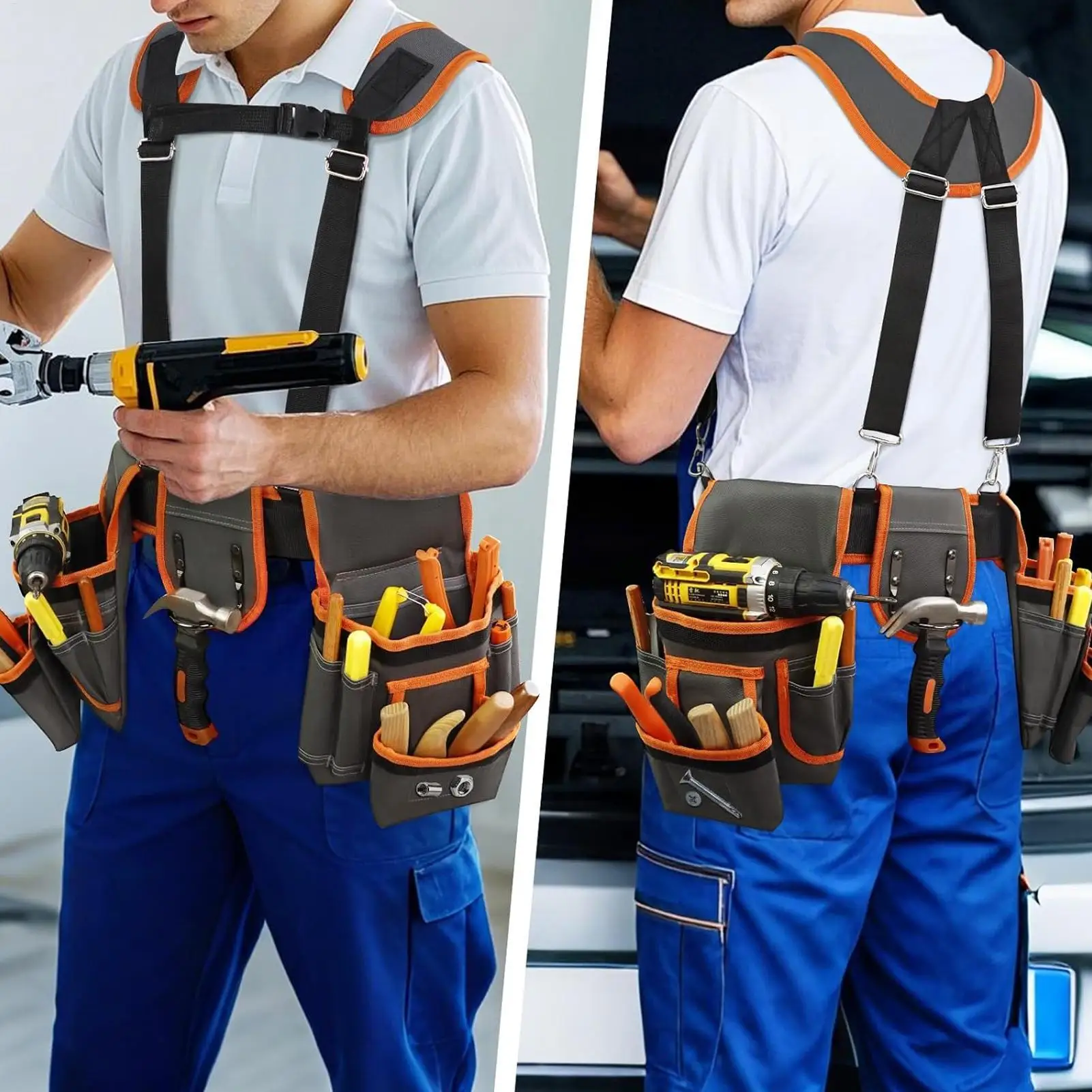 Electrician Tool Belt 2 Magnetic Pouches With Suspenders 18-Pocket Heavy Duty Utility Belt For Electric Wiring Framing