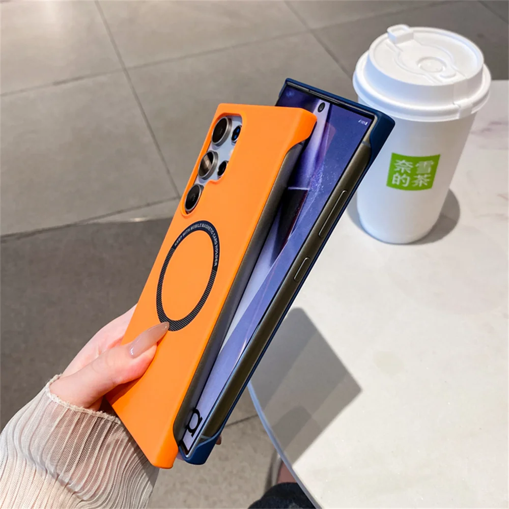 หรูหราสําหรับMagsafeบางPC Matte FramelessสําหรับSamsung S24 S25 Ultra Edge S23 FE S22 S21 S20 S10 S9 Plusปกหลัง