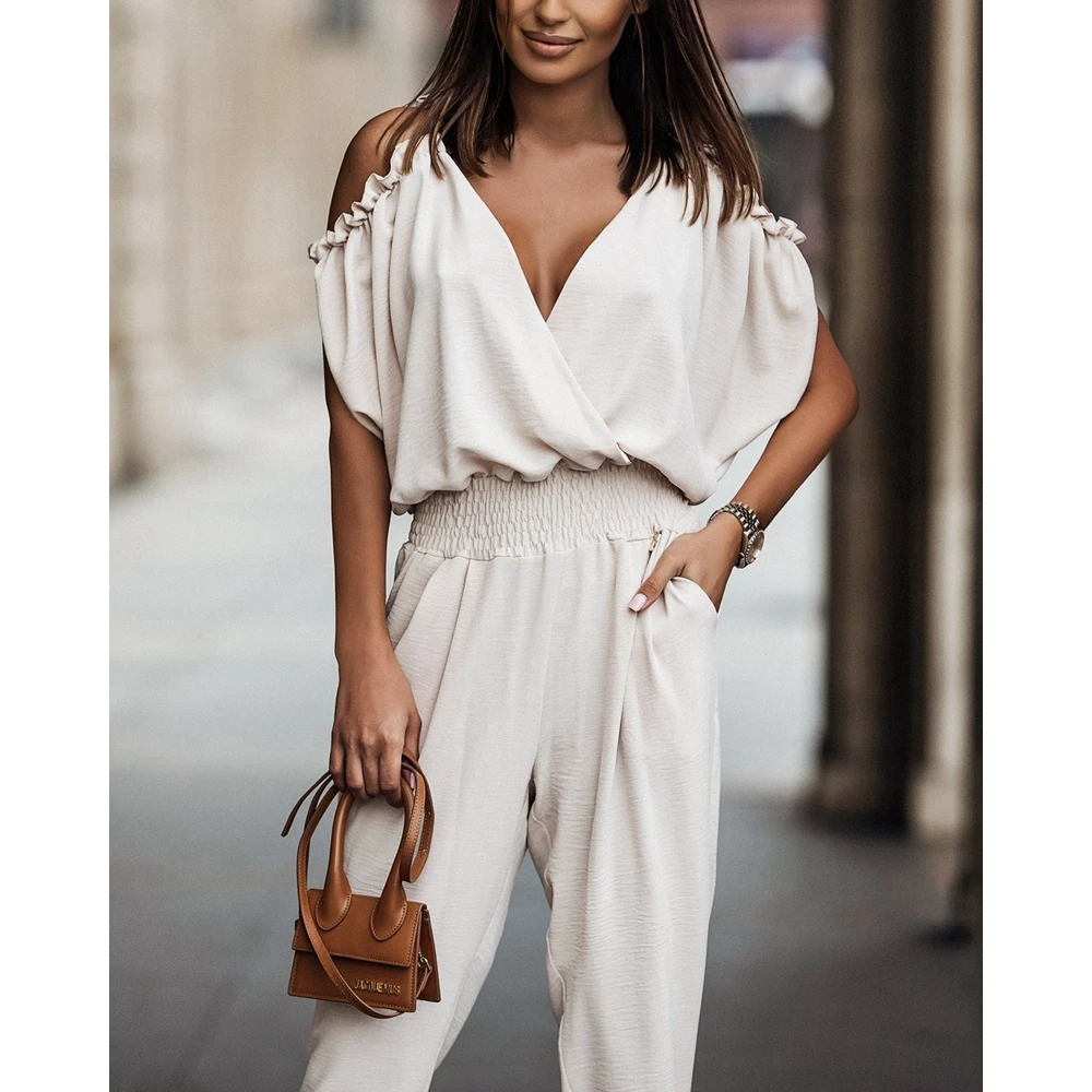 New in Women Elegant Jumpsuit Cold Shoulder Sexy Plunge V-Neck Jumpsuit Summer Stylish Ruched Lady Short Sleeve Cuffed Jumpsuits