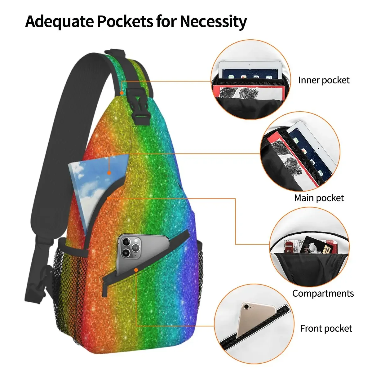 Glitter Rainbow Pride Crossbody Sling Bag Small Chest Bag LGBT Rainbow Shoulder Backpack Daypack Travel Hiking Cycling Satchel