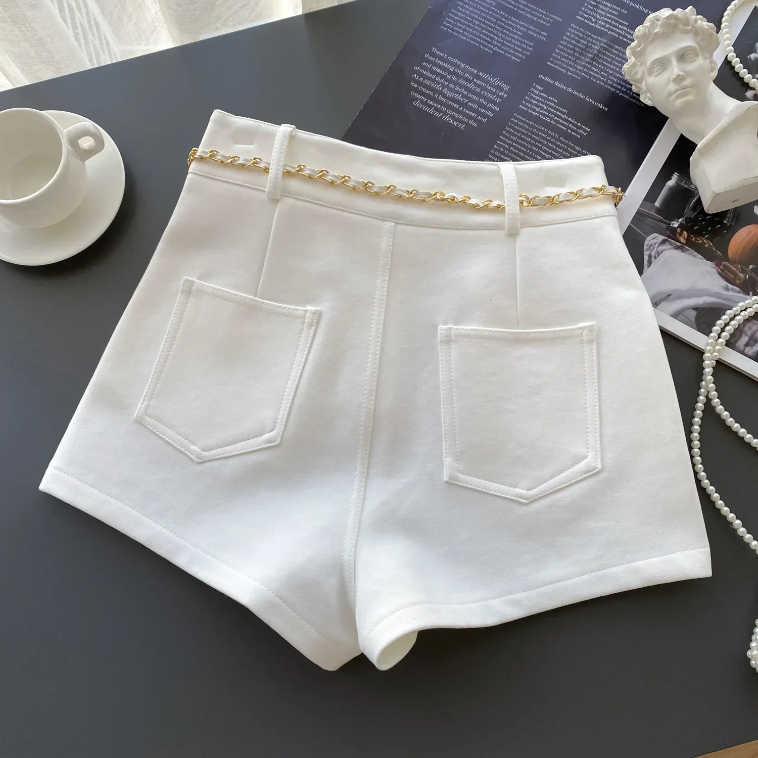 Basics Vintage Casual High Waist Chic Three-dimensional Floral Chain Wide Leg Short Pants Streetwear High Street Autumn Clothing