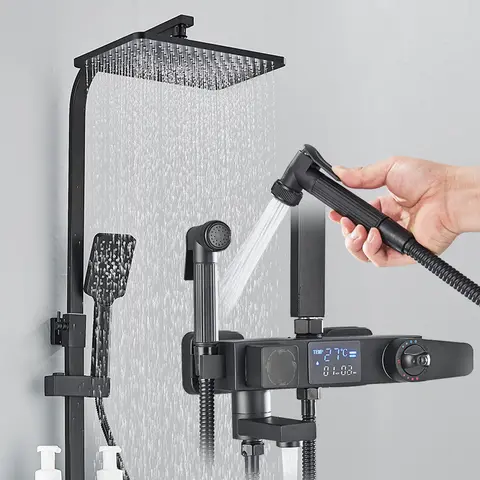Black Digital Display Thermostatic Shower Faucet Bathroom Thermostatic 4 ways Rainfall Shower Mixer Tap,Shelf and Bidet Faucets