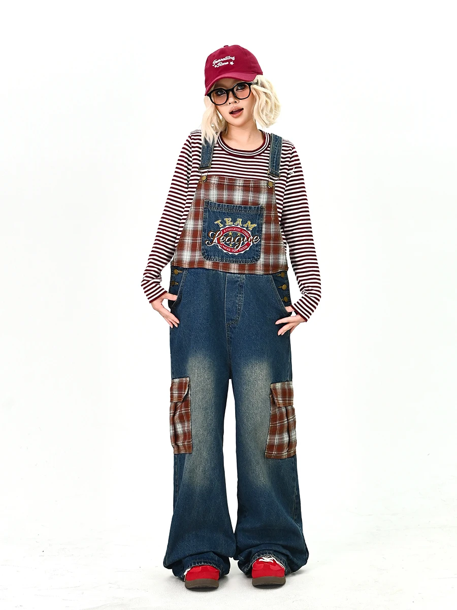 

Cartoon Plaid Loose Women's Denim Overalls Street Sle Floor-Length Pants Spring 2026 New Korean Loose Fit Jeans