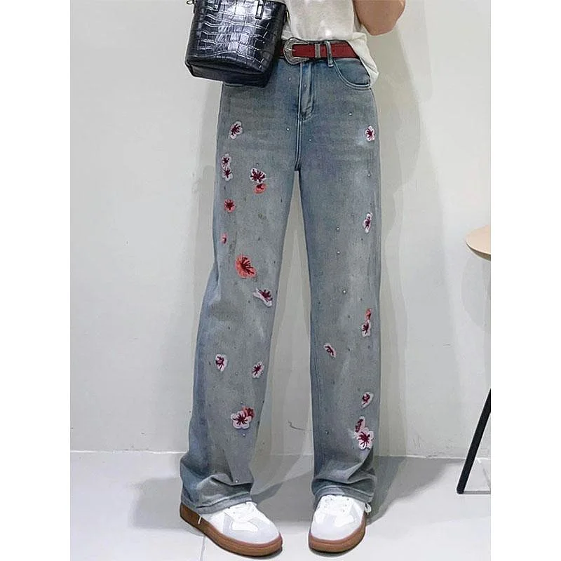 Jeans a gamba dritta a vita alta ricamati Ele Pantaloni dimagranti larghi drappeggiati estivi da donna Faionable coreano Sle