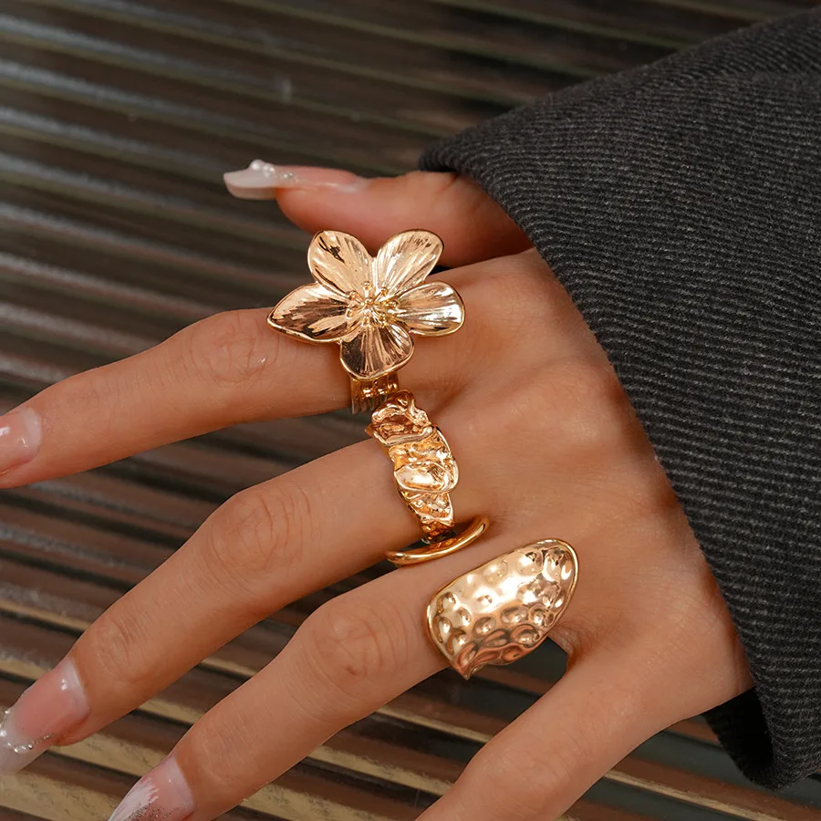 

3 Pcs Texture Irregular Geometric Opening Rings for Women Metal Style Flower Index Finger Ring Waterproof Statement Punk Jewelry