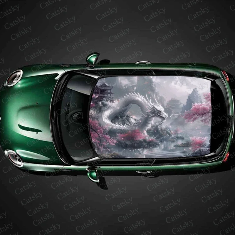 Fantasy White Dragon Car Roof Sticker Wrap Racing SUV Accessories Packaging Painted PVC Custom Car Graphic Decal