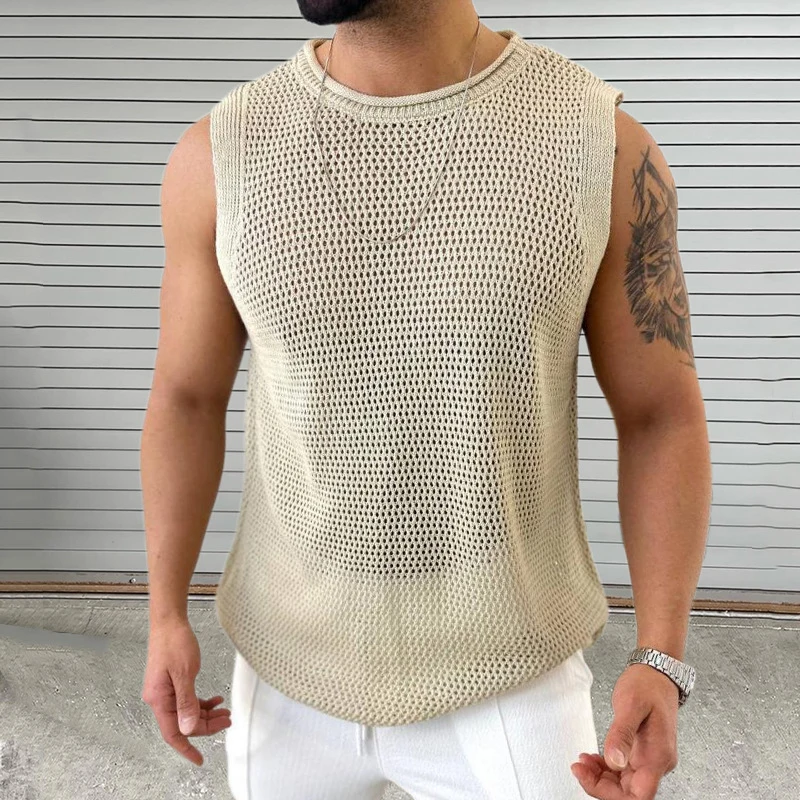 Knitwear Mens Casual Tank Tops Pure Color Hollow Out Vintage Men Knit Camisole Sleeveless O Neck Leisure T Shirt Male Streetwear