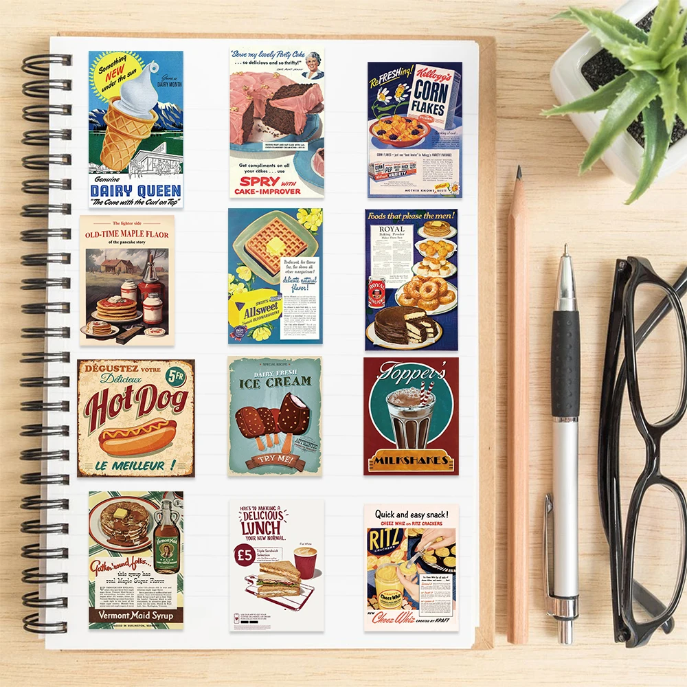 50 stuks Retro voedselstickers coole anime stickers notebook DIY decoratiestickers waterdicht en duurzaam festival primair cadeau