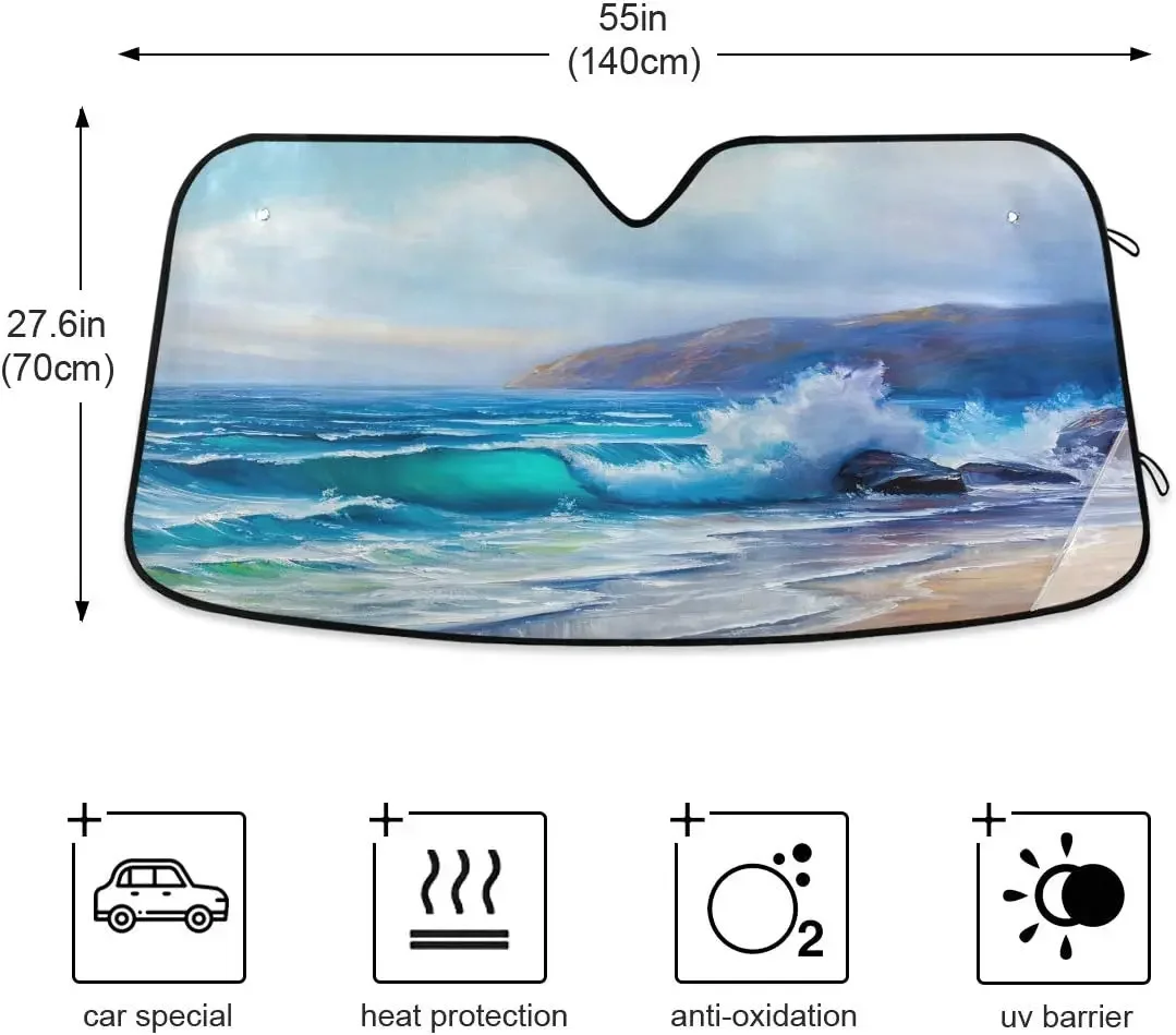 KEEPREAL Tropical Ocean Oil Painting Windshield Sun Shade - Foldable Car Front Window Sunshades for Most Sedans SUV Truck - Bloc