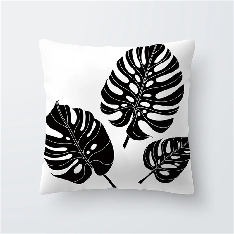 45x45cm Black White Leaf Plant Pillow Cover Tropical  Throw  Cushion  Sofa Car Home Decor