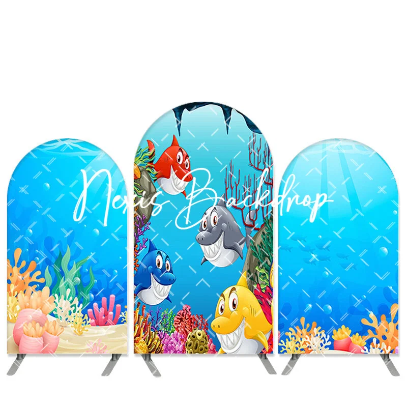 Colorful Sharks Birthday Backdrop for Boy Cute Cartoon Animals Undersea Ocean Themed Jaw-some Party Decorations Background