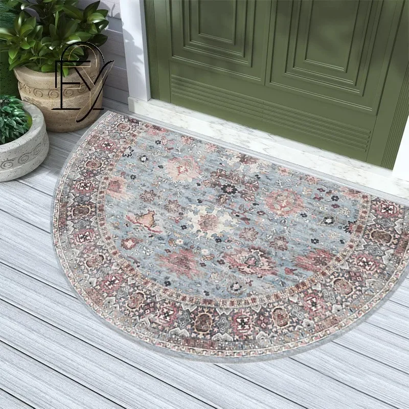 Half Circle Felt Doormat Black Cat Face with Amber Eyes Non Slip Entrance Rug for Home Entryway
