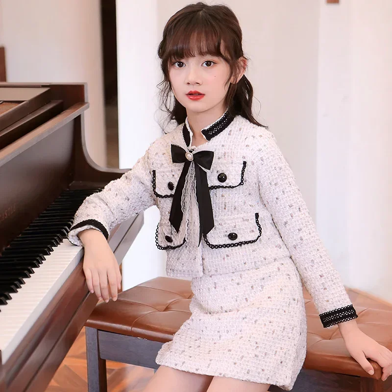 2pcs Elegant Girl Clothes Sets New Spring Autumn Children\'s Bow Tie Coat Skirt Set Boutique Kids Teenager Girls Clothing Outfit