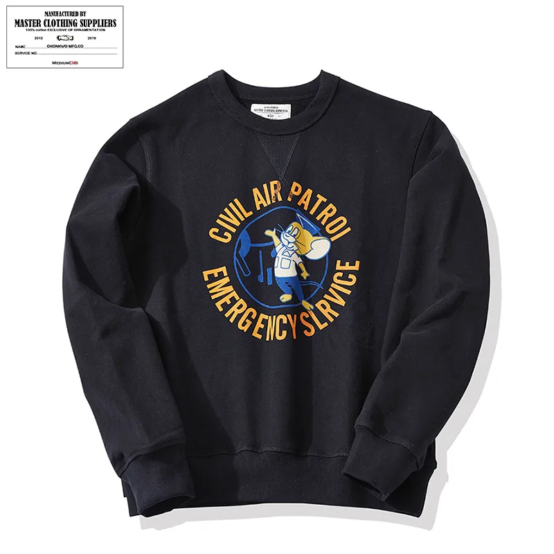 

OKONKWO Amei Khaki 490g heavyweight printed military style round neck pullover men's sweatshirt terry thick sweatshirt